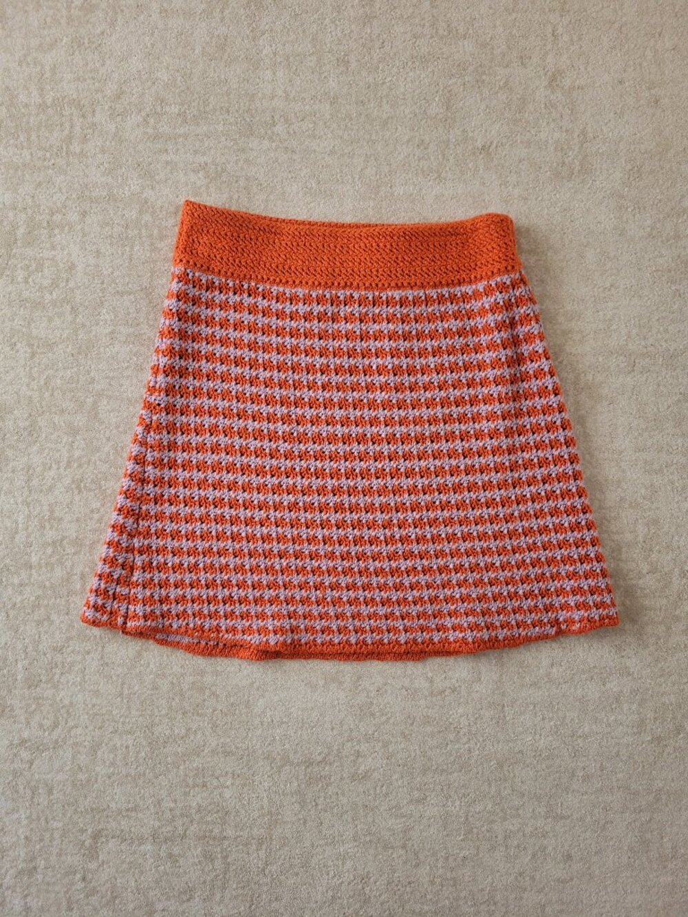 ZARA Textured Knit Crochet Mini Skirt Orange Houndstooth Check Medium Womens 70s